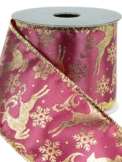 Hot Christmas Warehouse Gold Reindeer Pattern On Burgundy Christmas Ribbon With Gold Edging - 3M