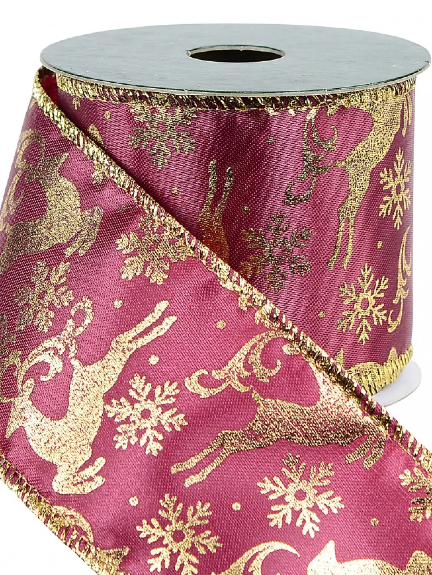 Hot Christmas Warehouse Gold Reindeer Pattern On Burgundy Christmas Ribbon With Gold Edging - 3M