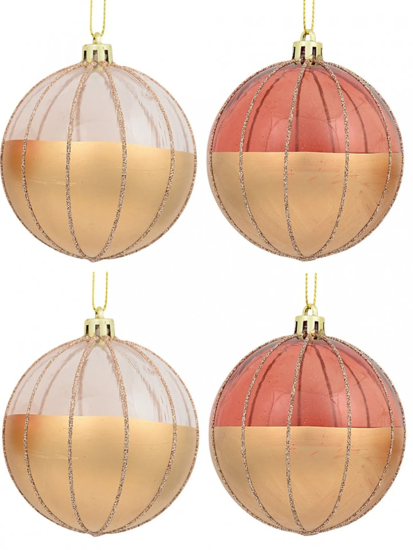 Discount Christmas Warehouse Gold With Rose Gold Or Clear & Gold Glitter Lines Christmas Baubles - 4 X 80Mm