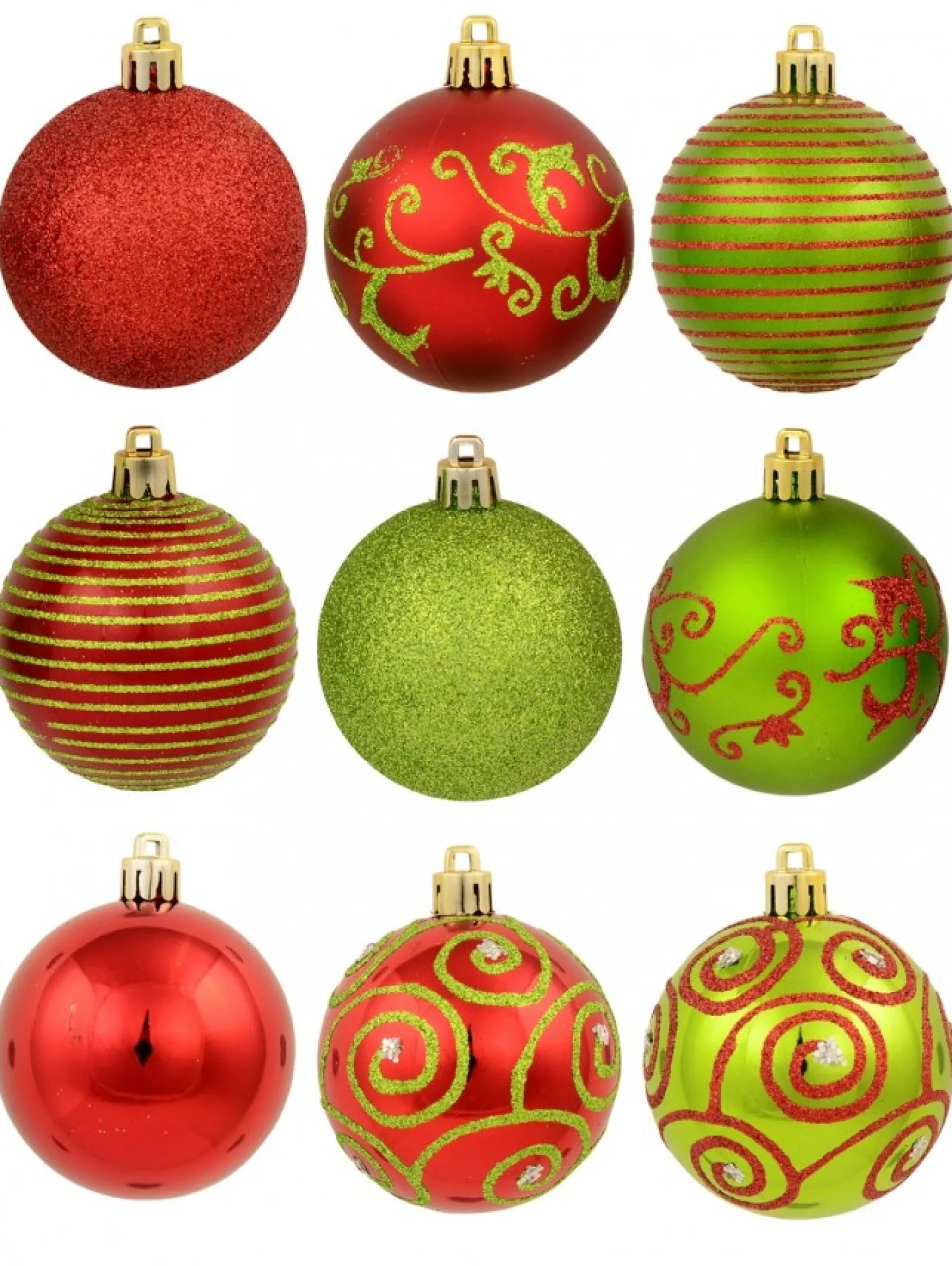 Best Christmas Warehouse Green & Red Christmas Baubles With 4 Glitter Designs & Shiny - 9 X 60Mm