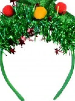 Fashion Christmas Warehouse Green Christmas Tree Headband With Tinsel, Balls & Star - One Size Fits Most