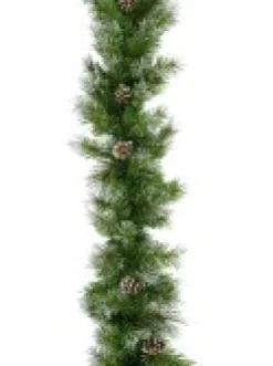 Best Christmas Warehouse Green Pine Needle Garland With Pine Cones & 180 Silver Glitter Tips - 2.7M