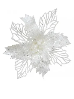 Hot Christmas Warehouse Iridescent Glitter Petal & Leaf Poinsettia Christmas Flower Pick - 18Cm