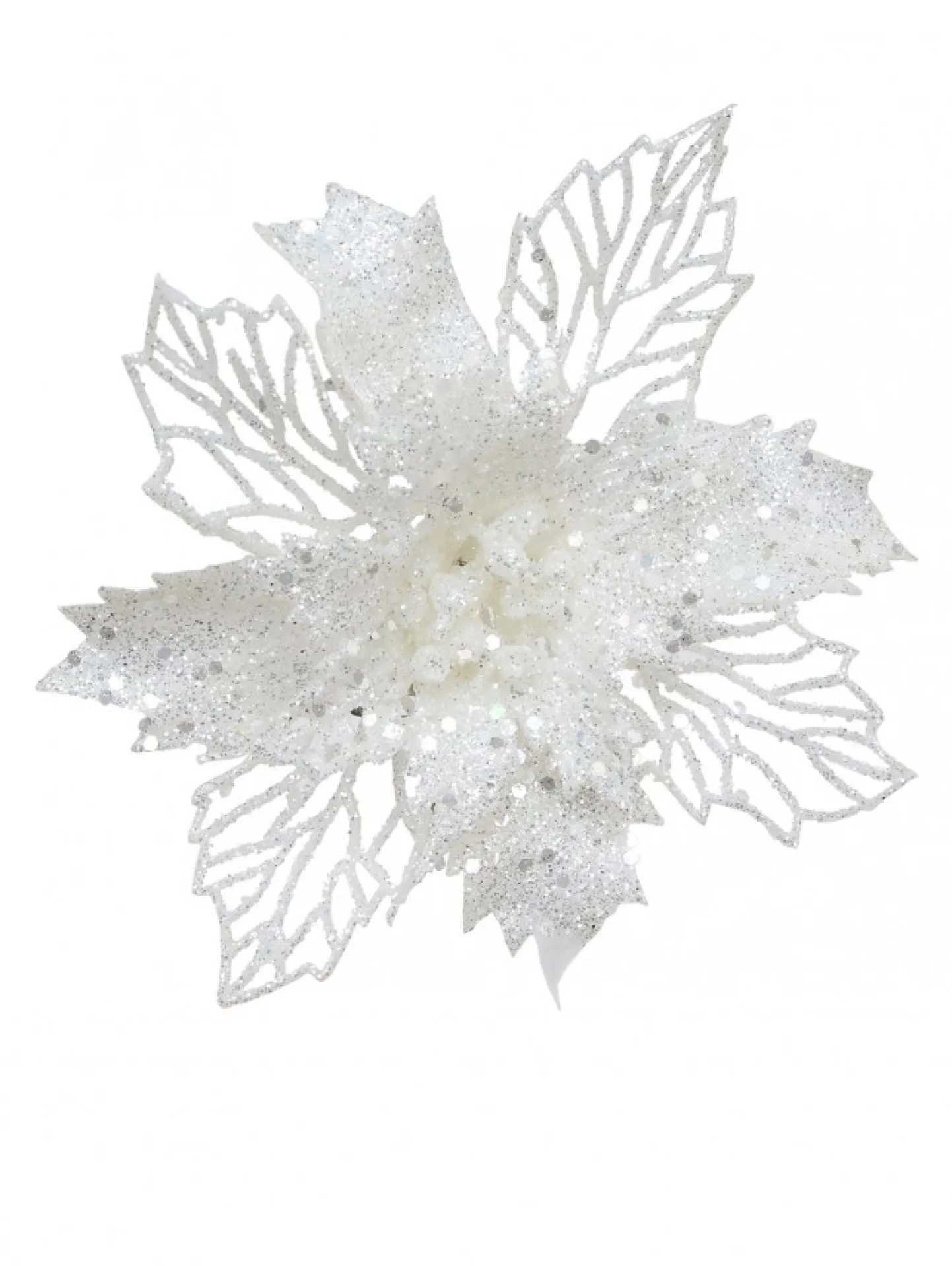 Hot Christmas Warehouse Iridescent Glitter Petal & Leaf Poinsettia Christmas Flower Pick - 18Cm