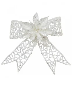 Sale Christmas Warehouse Iridescent Mesh Look Ribbon Bow & Poinsettia Christmas Decoration - 15Cm