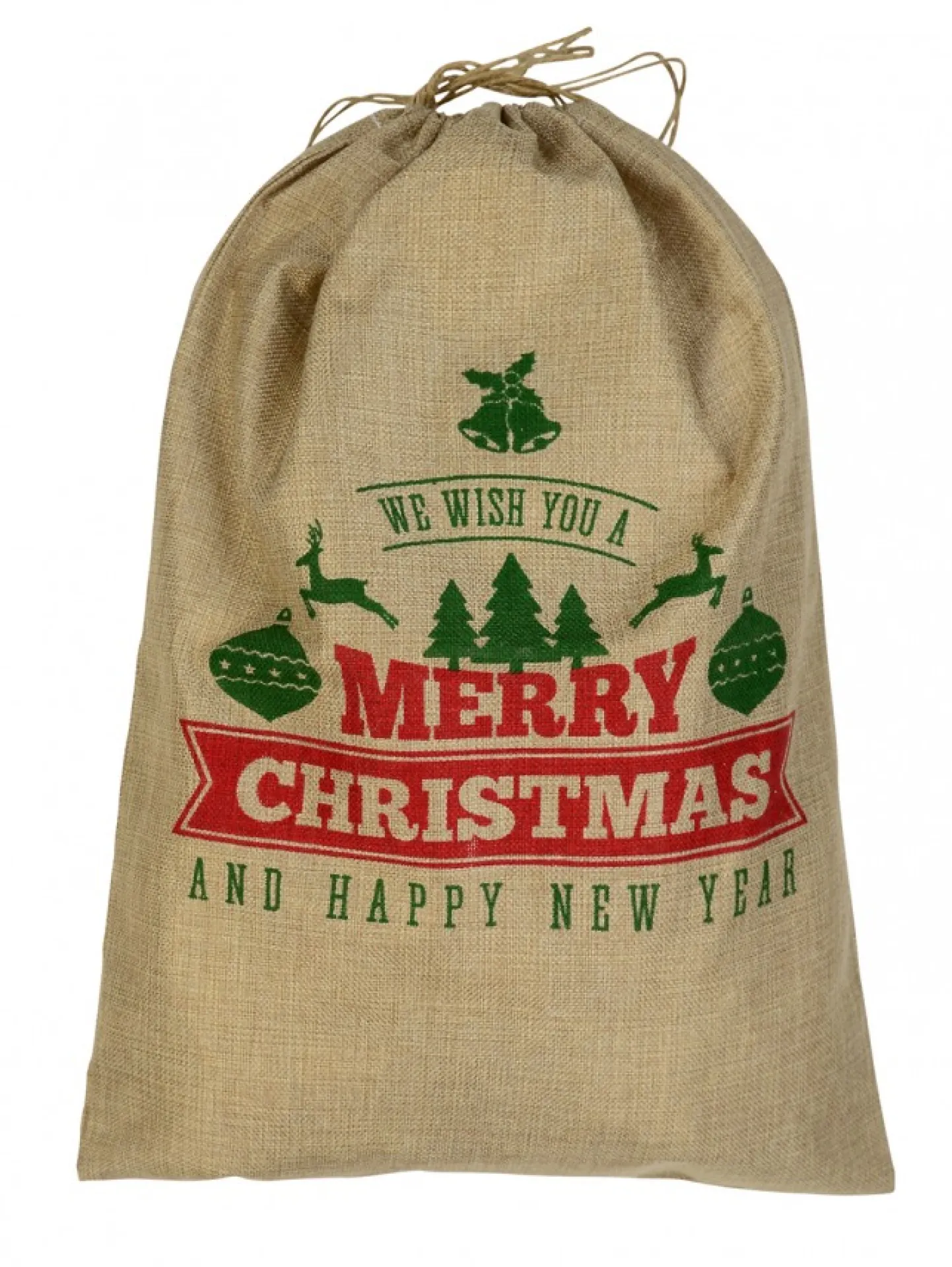Cheap Christmas Warehouse Jute We Wish You A Merry Christmas & Happy New Year Gift Santa Sack - 55Cm