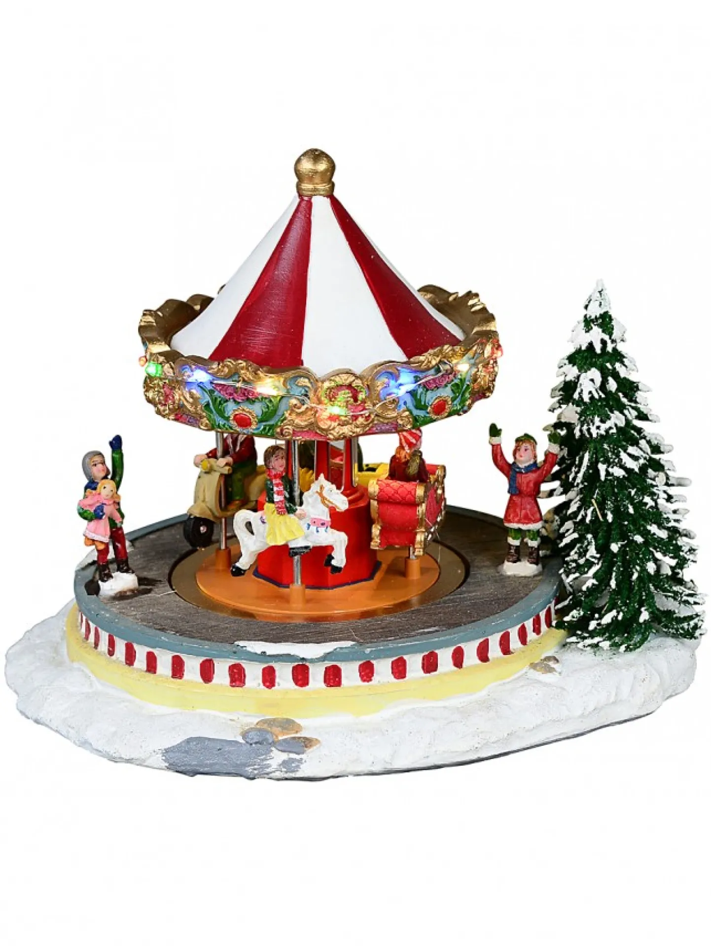 New Christmas Warehouse Kids Enjoying A Winter Fun Park Merry-Go-Round Christmas Village Scene - 23Cm