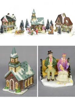 Sale Christmas Warehouse Large Christmas Village Scene With Church, Shops & Figurines - 17 Piece