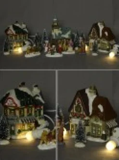 Sale Christmas Warehouse Large Christmas Village Scene With Church, Shops & Figurines - 17 Piece