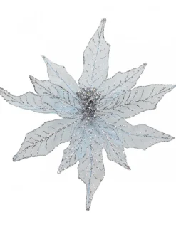 Outlet Christmas Warehouse Light Baby Blue Glittered Mesh Leaf Poinsettia Christmas Flower Pick - 28Cm