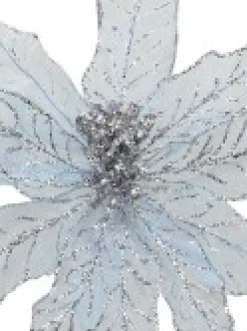 Outlet Christmas Warehouse Light Baby Blue Glittered Mesh Leaf Poinsettia Christmas Flower Pick - 28Cm