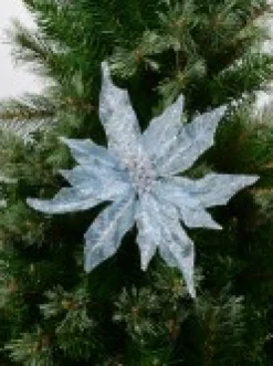 Outlet Christmas Warehouse Light Baby Blue Glittered Mesh Leaf Poinsettia Christmas Flower Pick - 28Cm