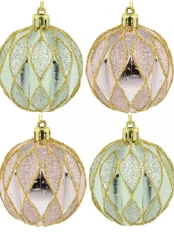 Store Christmas Warehouse Light Pink & Green Geometric Shiny & Glittered Christmas Baubles - 6 X 60Mm