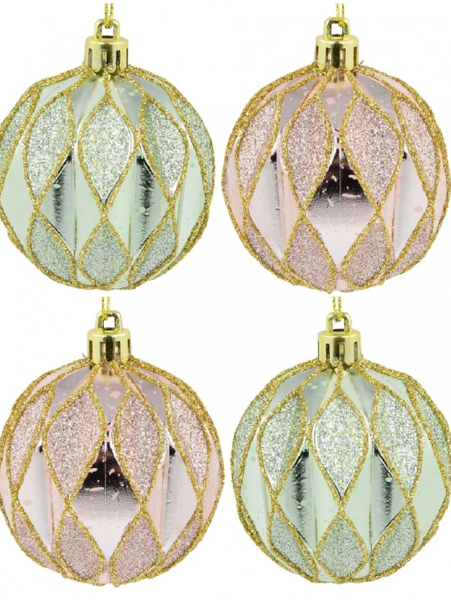 Store Christmas Warehouse Light Pink & Green Geometric Shiny & Glittered Christmas Baubles - 6 X 60Mm