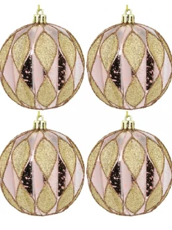 Clearance Christmas Warehouse Light Pink Christmas Baubles With Gold Geometric Textured Pattern - 6 X 60M