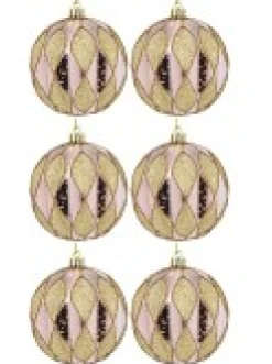 Clearance Christmas Warehouse Light Pink Christmas Baubles With Gold Geometric Textured Pattern - 6 X 60M