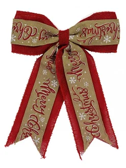 Discount Christmas Warehouse Merry Christmas On Natural & Red Hessian Christmas Bow Decoration - 35Cm