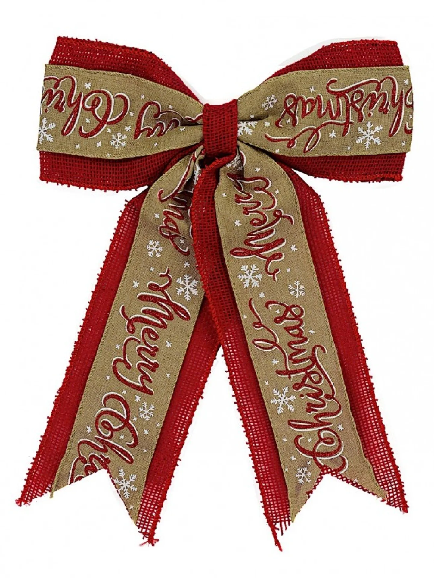 Discount Christmas Warehouse Merry Christmas On Natural & Red Hessian Christmas Bow Decoration - 35Cm