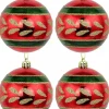 Flash Sale Christmas Warehouse Metallic Red Christmas Baubles With Gold Glitter & Green Patterns - 4 X 80Mm