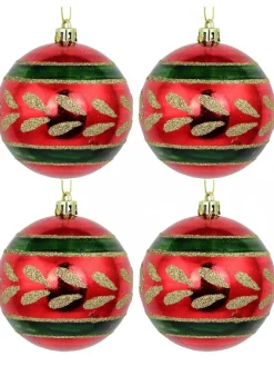 Flash Sale Christmas Warehouse Metallic Red Christmas Baubles With Gold Glitter & Green Patterns - 4 X 80Mm