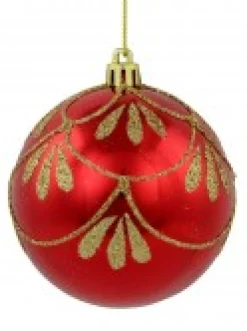 Flash Sale Christmas Warehouse Metallic Red Christmas Baubles With Gold Glitter Ornate Design - 4 X 80Mm