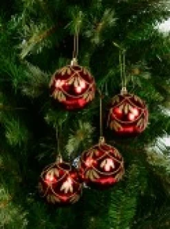 Flash Sale Christmas Warehouse Metallic Red Christmas Baubles With Gold Glitter Ornate Design - 4 X 80Mm