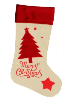 New Christmas Warehouse Natural Burlap With Merry Christmas & Tree Design Christmas Stocking - 42Cm