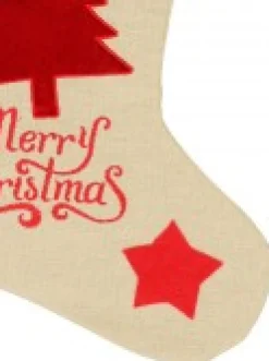 New Christmas Warehouse Natural Burlap With Merry Christmas & Tree Design Christmas Stocking - 42Cm