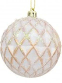 Flash Sale Christmas Warehouse Pearlised Rose Gold & White Textured Baubles With Glitter & Sequins - 4 X 80Mm