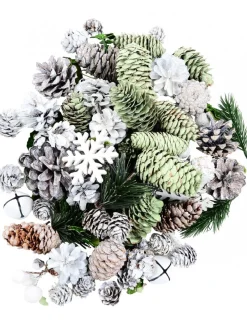 Cheap Christmas Warehouse Pine Cones With Snowflakes, Berries & Bells Christmas Decoration Mix - 350G