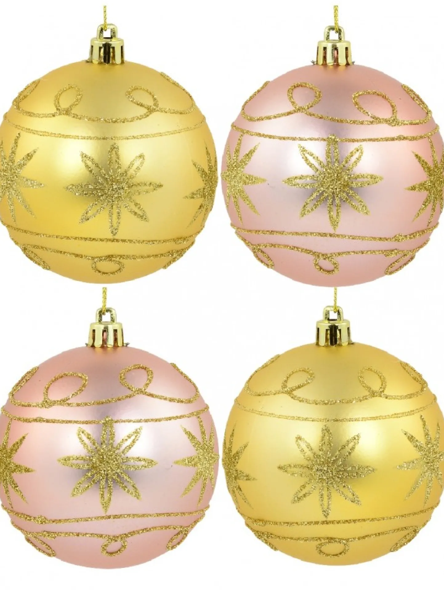 Best Christmas Warehouse Pink & Gold Christmas Baubles With Gold Glitter Stars & Swirls - 4 X 80Mm