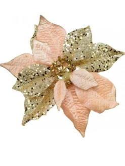 Shop Christmas Warehouse Pink & Gold Two Petal Style Poinsettia Decorative Christmas Flower Pick - 28Cm