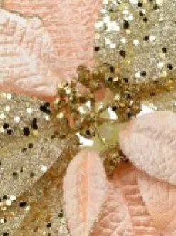 Shop Christmas Warehouse Pink & Gold Two Petal Style Poinsettia Decorative Christmas Flower Pick - 28Cm