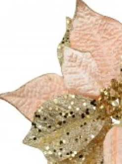 Shop Christmas Warehouse Pink & Gold Two Petal Style Poinsettia Decorative Christmas Flower Pick - 28Cm