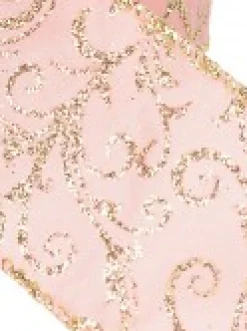 Online Christmas Warehouse Pink Fabric Christmas Ribbon With Gold Glitter Filigree Pattern & Edging - 3M