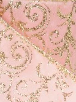 Online Christmas Warehouse Pink Fabric Christmas Ribbon With Gold Glitter Filigree Pattern & Edging - 3M