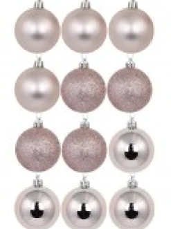 Hot Christmas Warehouse Pink Glittered, Matte & Metallic Christmas Bauble Decorations - 12 X 60Mm