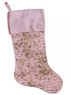 Flash Sale Christmas Warehouse Pink Satin With Gold Sequin Starburst Pattern Christmas Stocking - 48Cm