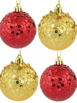 Fashion Christmas Warehouse Red & Gold Crackle Effect Christmas Baubles With Sequins Design - 6 X 60Mm