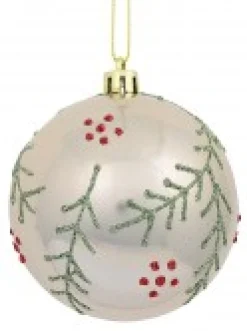 New Christmas Warehouse Red & Pearl Christmas Baubles With Glitter Leaves & Dots Pattern - 4 X 80Mm