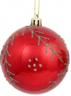 New Christmas Warehouse Red & Pearl Christmas Baubles With Glitter Leaves & Dots Pattern - 4 X 80Mm