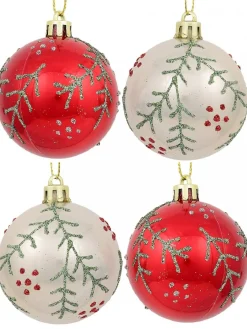Clearance Christmas Warehouse Red & Pearl Christmas Baubles With Glittered Leaves & Dots Pattern - 6 X 60Mm