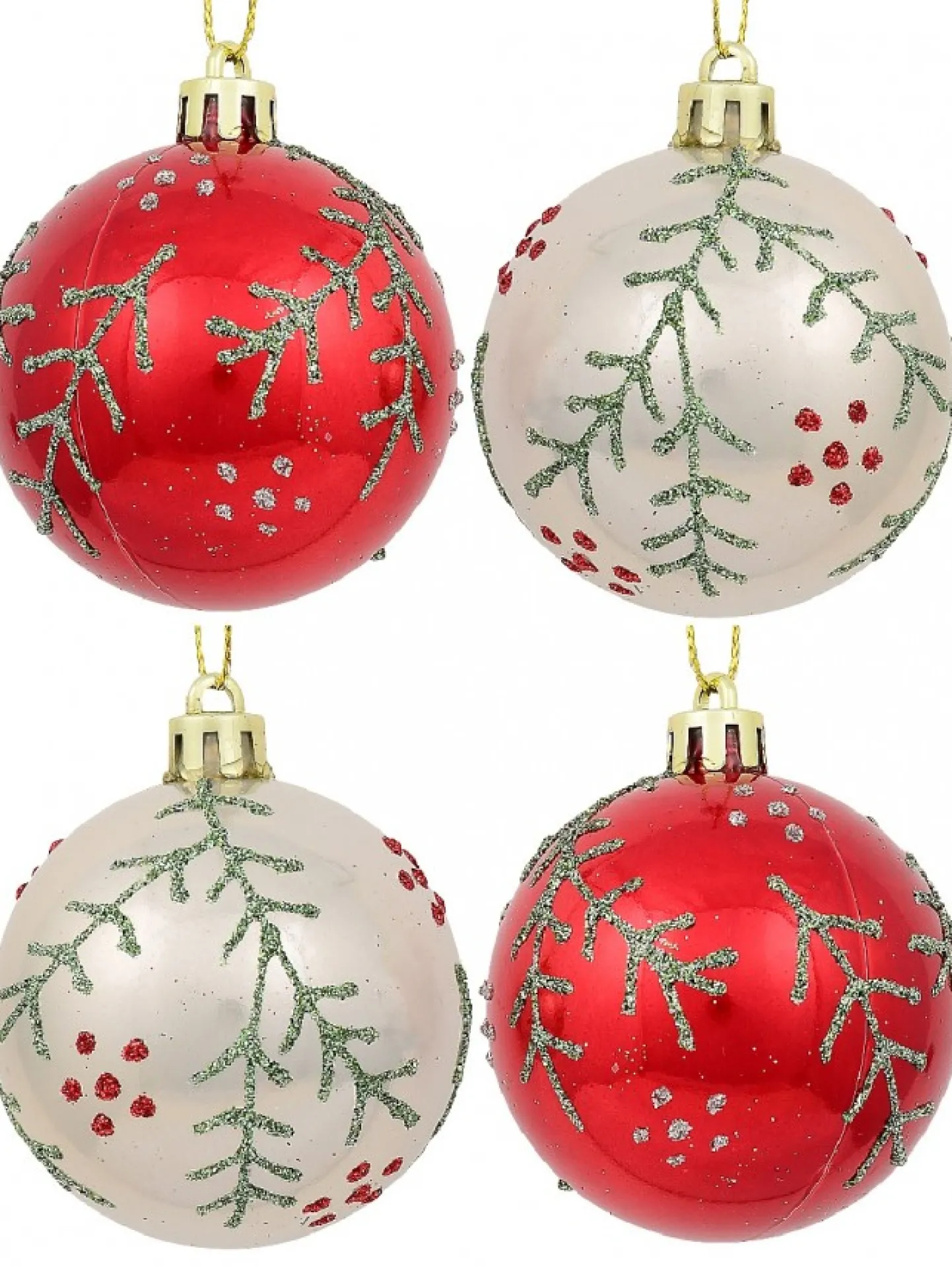 Clearance Christmas Warehouse Red & Pearl Christmas Baubles With Glittered Leaves & Dots Pattern - 6 X 60Mm