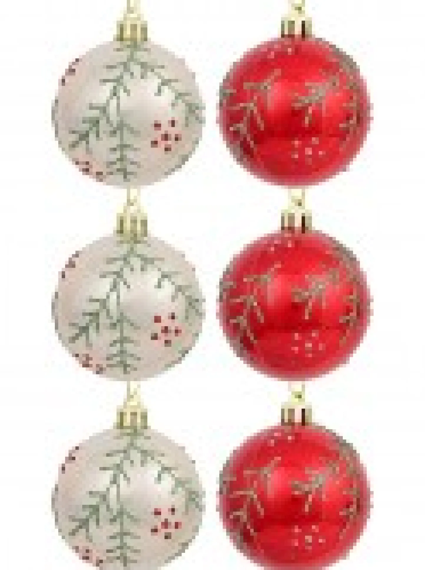 Clearance Christmas Warehouse Red & Pearl Christmas Baubles With Glittered Leaves & Dots Pattern - 6 X 60Mm