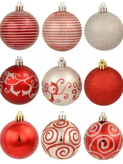 Hot Christmas Warehouse Red & Silver Christmas Baubles With 4 Glitter Designs & Shiny - 9 X 60Mm