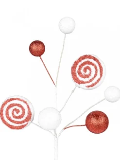 Cheap Christmas Warehouse Red & White Candy Cane Swirls & Balls Decorative Christmas Spray Pick - 28Cm