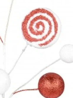 Cheap Christmas Warehouse Red & White Candy Cane Swirls & Balls Decorative Christmas Spray Pick - 28Cm