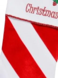 Hot Christmas Warehouse Red & White Stripe With Font & Holly Applique Velvet Christmas Stocking - 48Cm