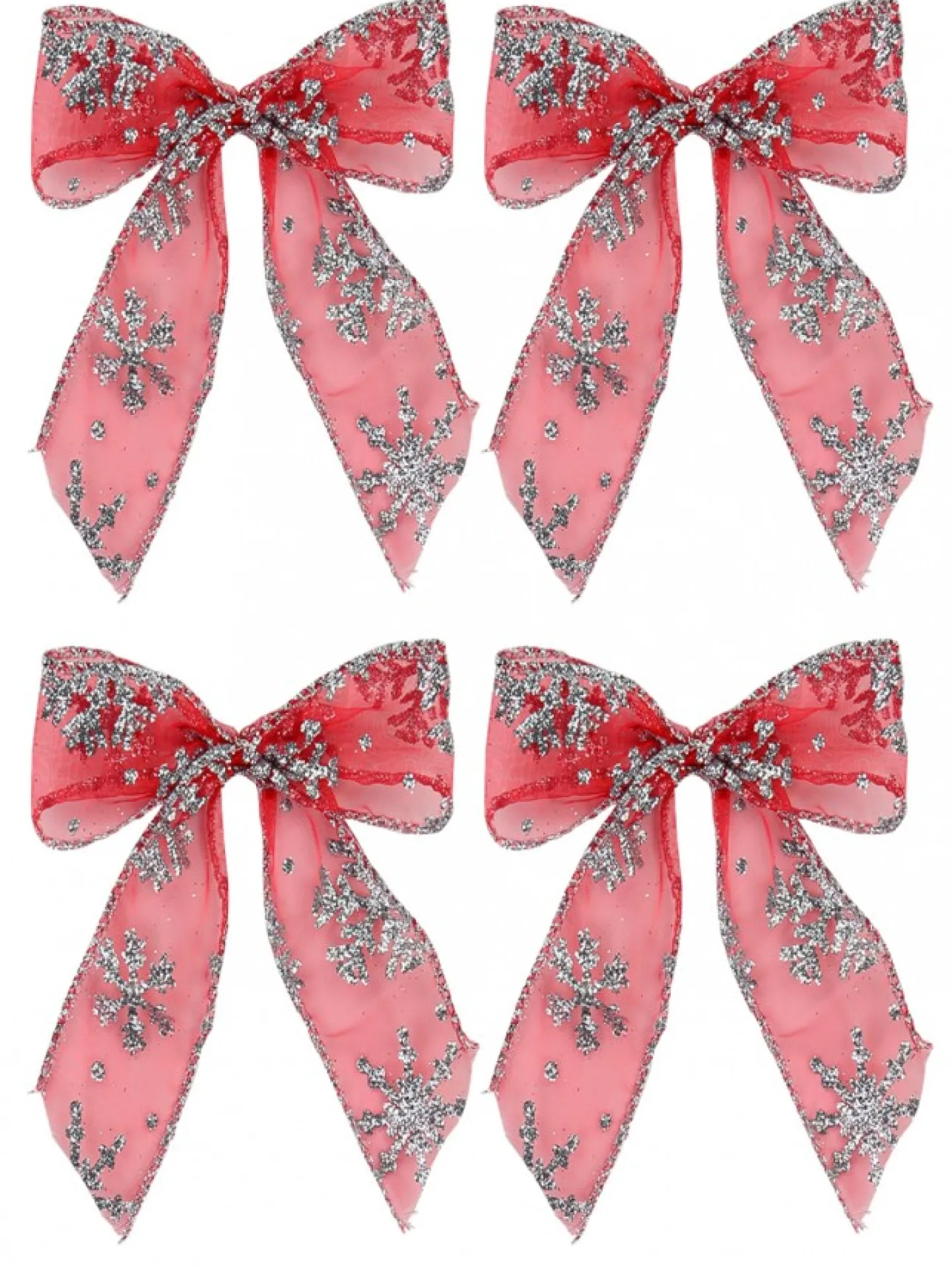Best Sale Christmas Warehouse Red Christmas Tree Bow Decorations With Silver Glitter Snowflakes - 6 X 12Cm