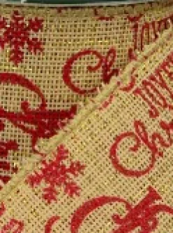 New Christmas Warehouse Red Font On Natural Burlap Look Fabric & Edging Christmas Ribbon - 3M
